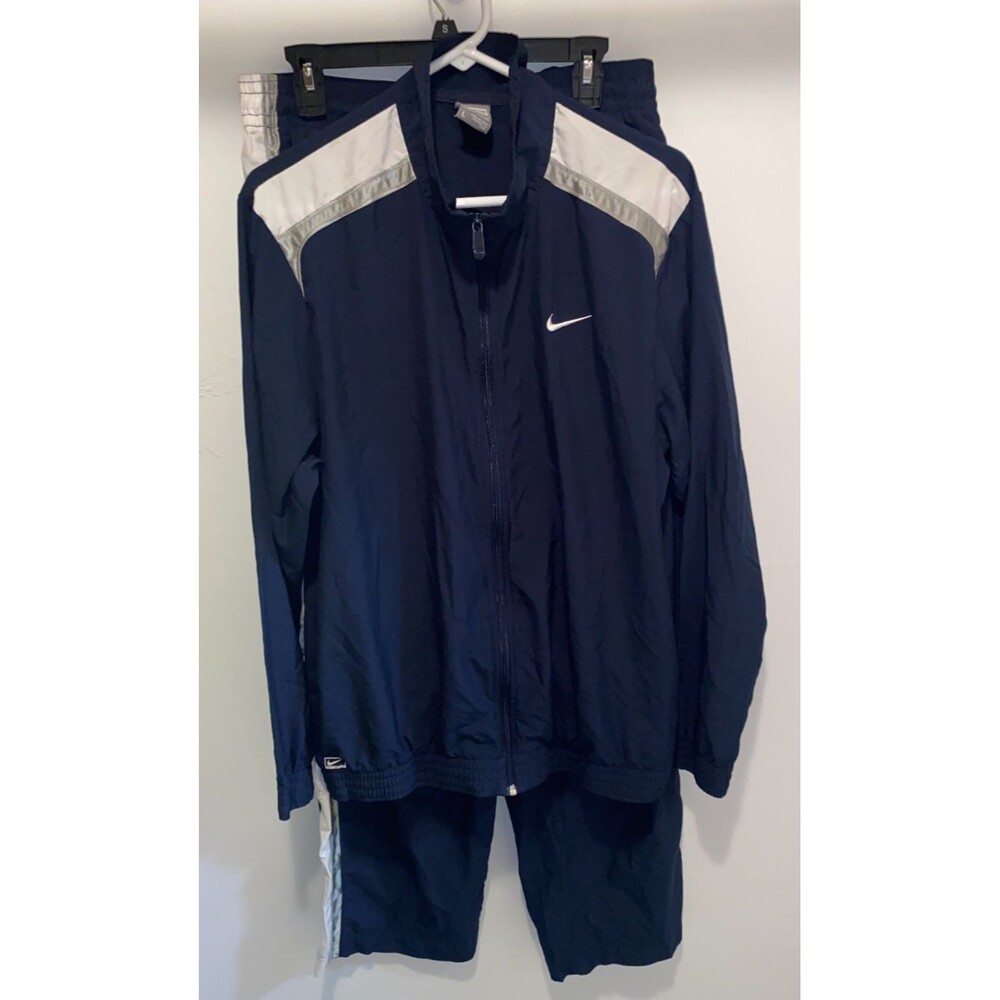 Vintage 1990s Nike Track Suit Windbreaker Pants Navy Blue Nylon Swoosh 2pc Set L